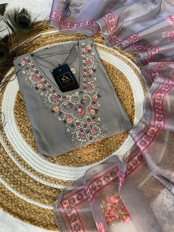 Grey Modal Silk Kurta Set with Handwork V Neck and Jimmi Chinon Dupatta
