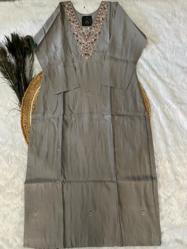 Grey Modal Silk Kurta Set with Handwork V Neck and Jimmi Chinon Dupatta - Image 3