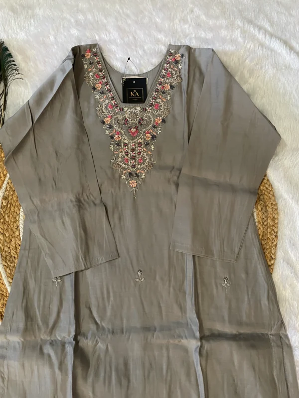 Grey Modal Silk Kurta Set with Handwork V Neck and Jimmi Chinon Dupatta - Image 2