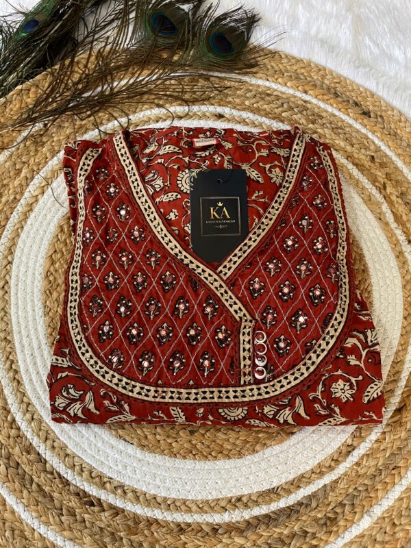 Barn Red Pure Cotton A-Line Kurta Set with Angrakha Neck and Thread Work - Image 2