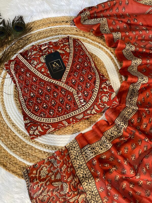 Barn Red Pure Cotton A-Line Kurta Set with Angrakha Neck and Thread Work