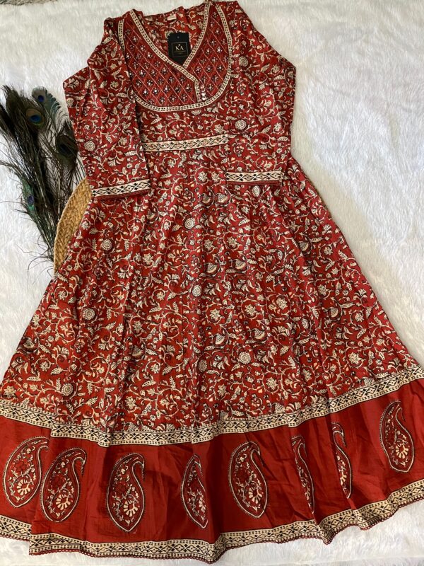 Barn Red Pure Cotton A-Line Kurta Set with Angrakha Neck and Thread Work - Image 4