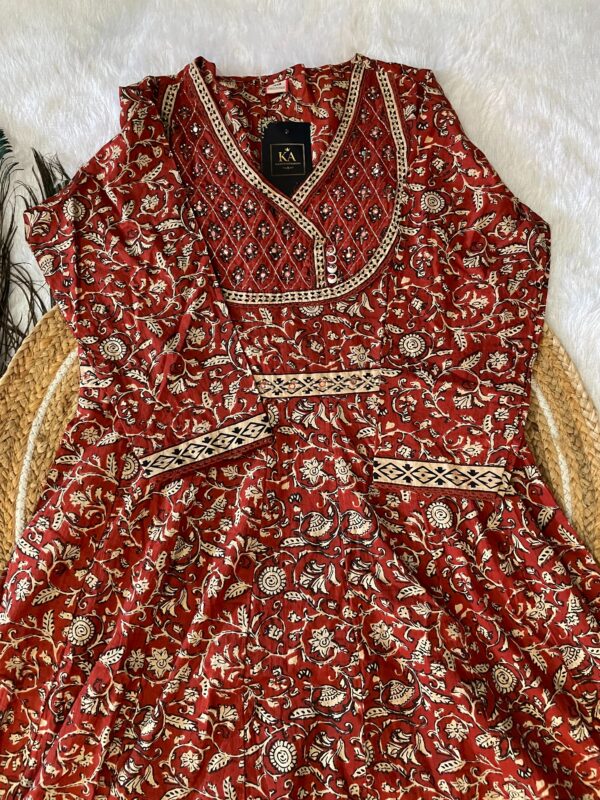 Barn Red Pure Cotton A-Line Kurta Set with Angrakha Neck and Thread Work - Image 3