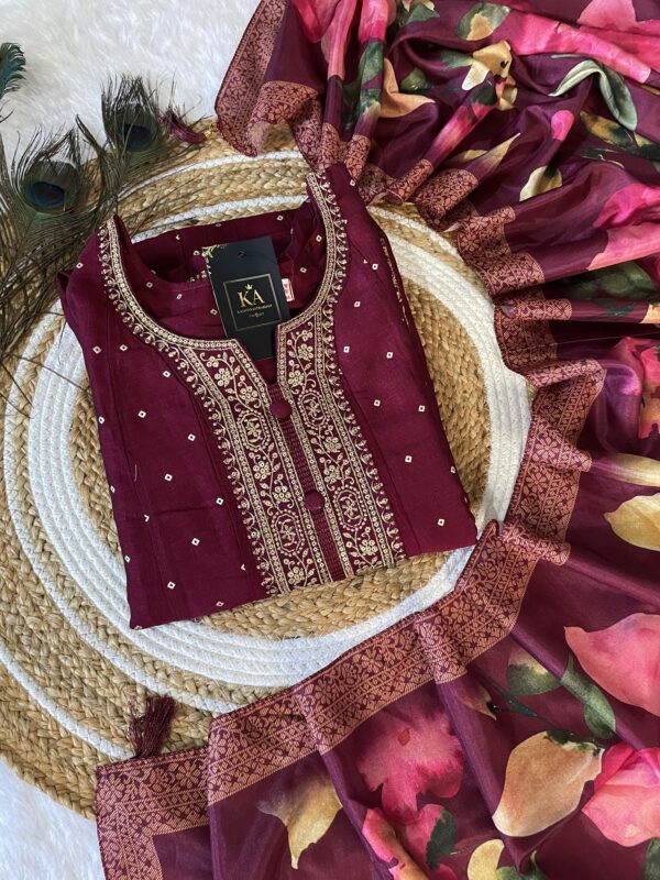 Wine Georgette Umbrella Kurta Set with All-Over Print and Neck Embroidery