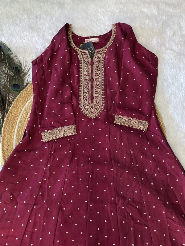 Wine Georgette Umbrella Kurta Set with All-Over Print and Neck Embroidery - Image 3