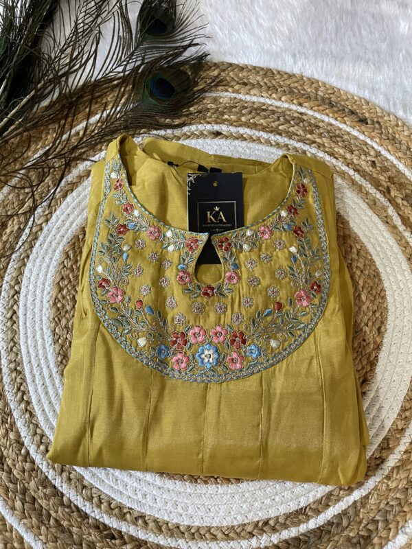 Mustard yellow Solid Silk Umbrella Kurta Set with Neck Work - Image 2