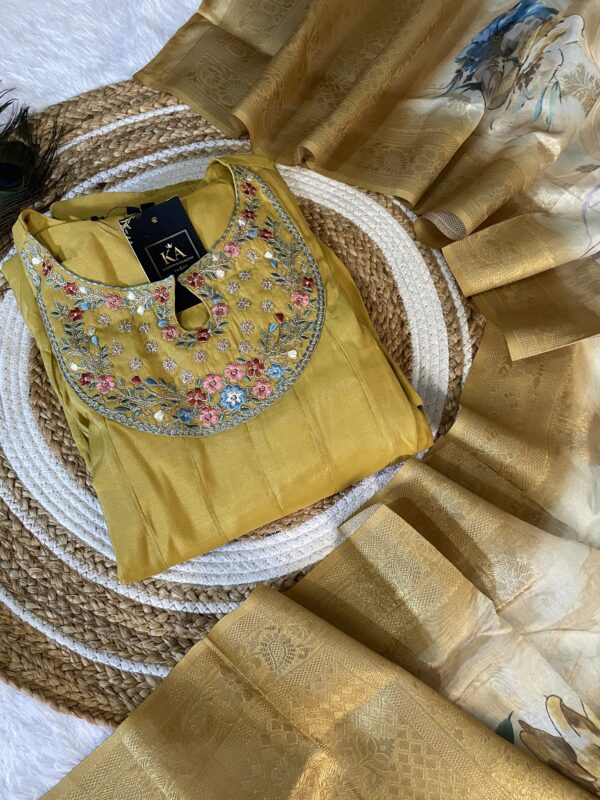 Mustard yellow Solid Silk Umbrella Kurta Set with Neck Work