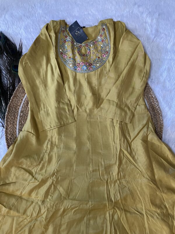 Mustard yellow Solid Silk Umbrella Kurta Set with Neck Work - Image 3
