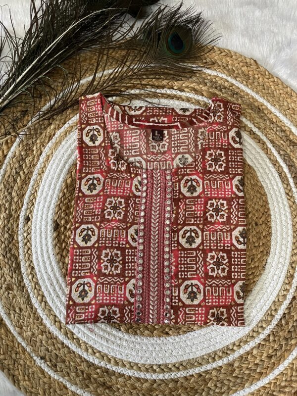 Maroon Red Pure Cotton Straight Kurta Set with Chinnon Dupatta - Image 2